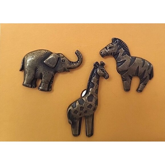 VTG JJO Jonette Animal Pewter w/Bronze Giraffe Zebra Elephant 3 Lapel Pin Set - Picture 1 of 8